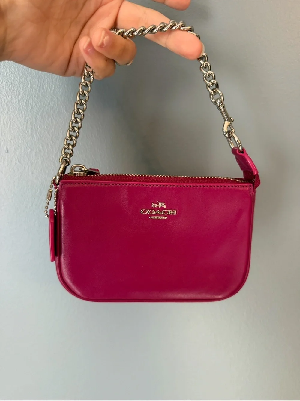 Coach Pink Leather Mini Wristlet with Silver Chain